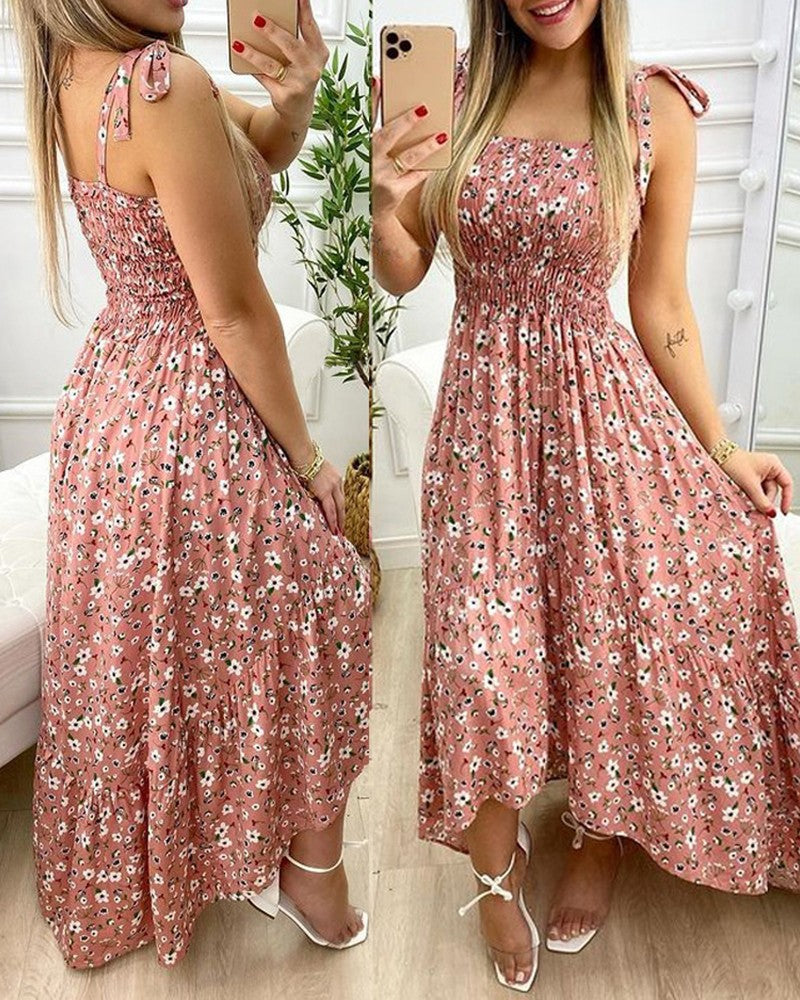 Floral Print Shirred Tie Strap Ruffle Hem Midi Dress