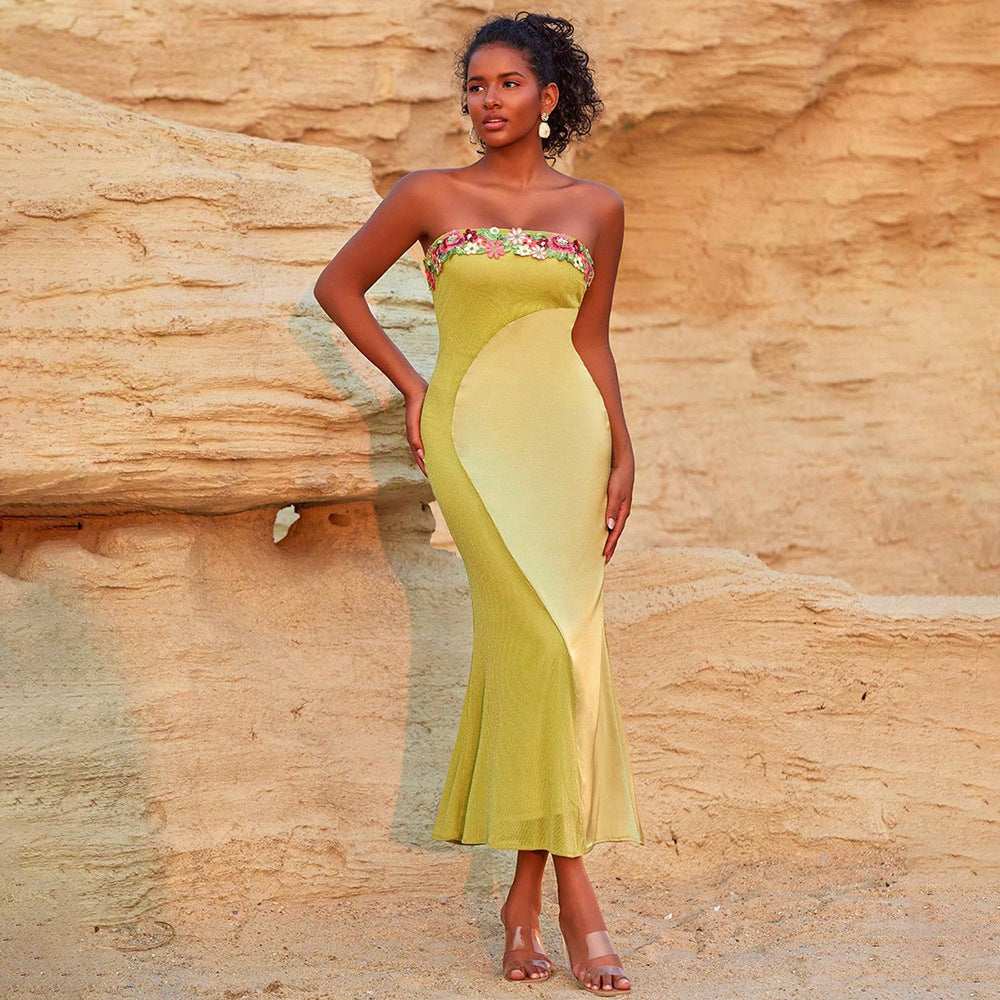 Trendy Bloom Stitching French Sexy Maxi Dress Women Women Vacation Tube Top Dress