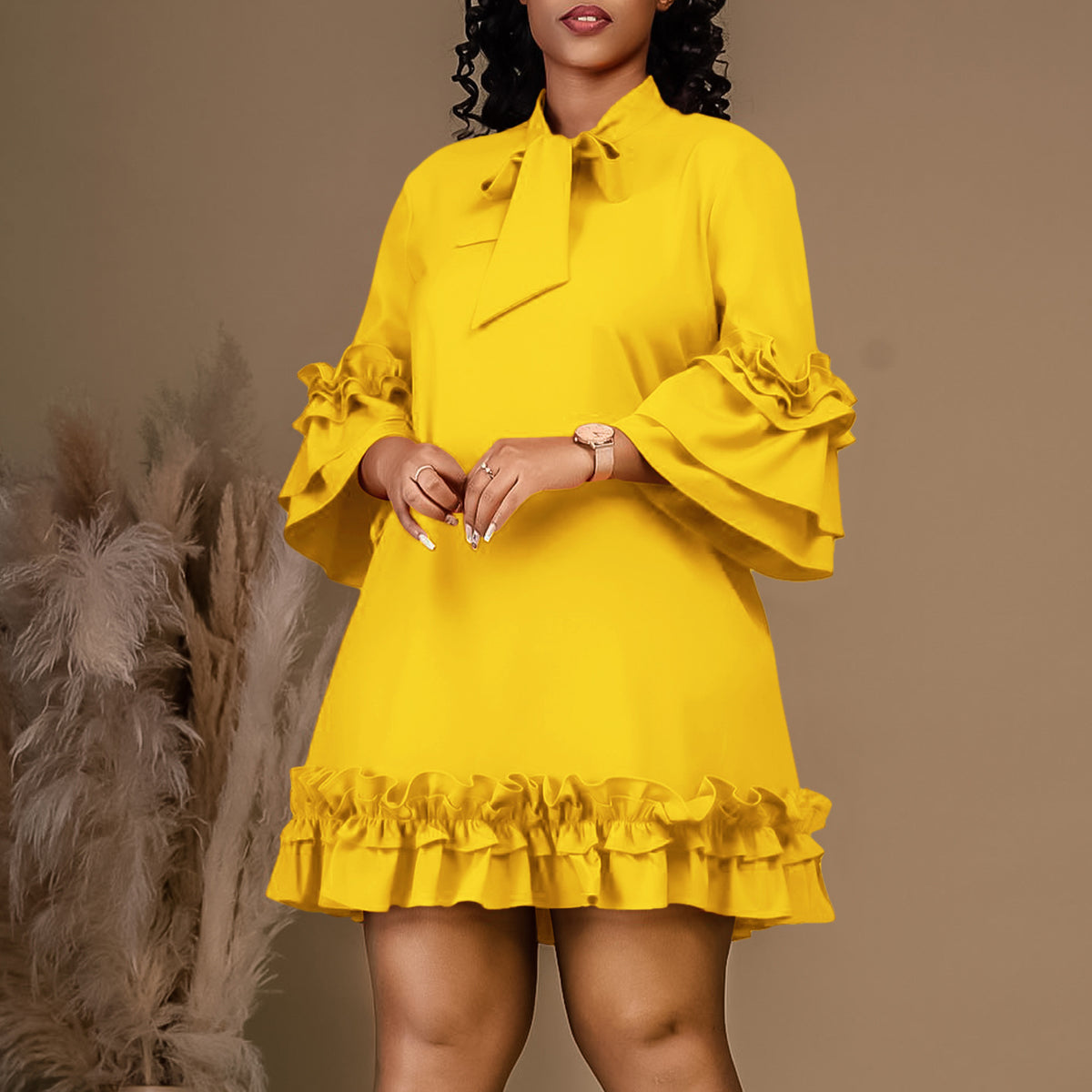 Tie Neck Tiered Ruffle Bell Sleeve Ruffle Hem Shift Mini Dress