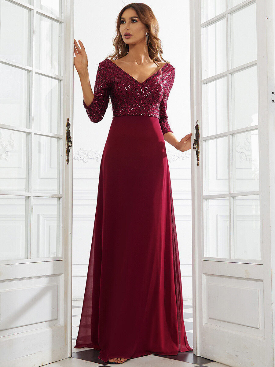 Sequin V-Neck Long Sleeve Chiffon A-Line Evening Dress