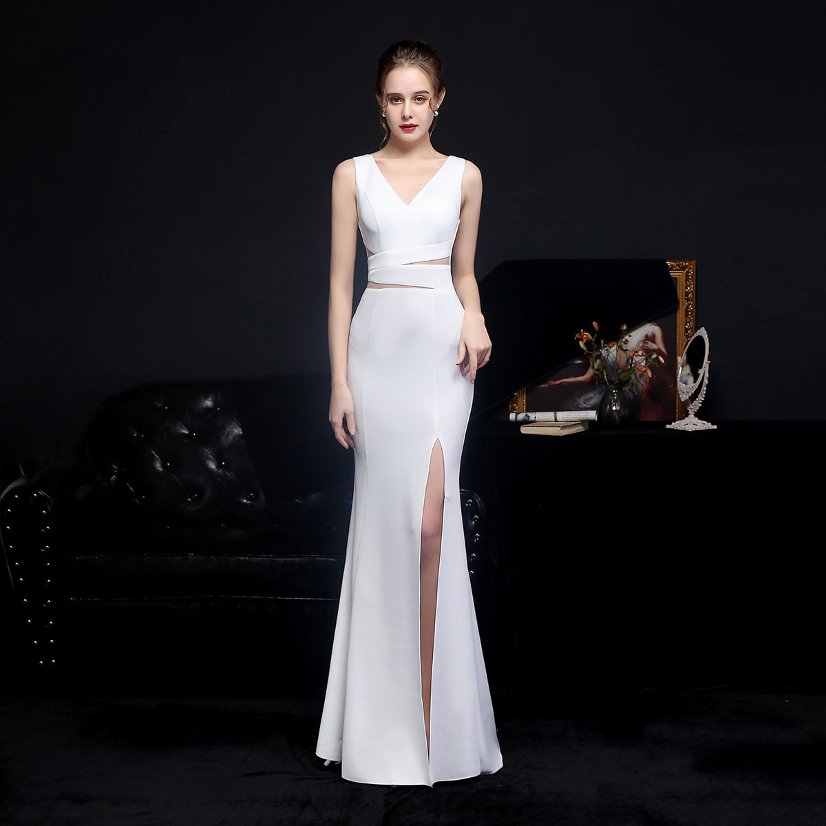 Satin V-Neck Sleeveless Cut Out Waist High Split Mermaid Evening Gown 2
