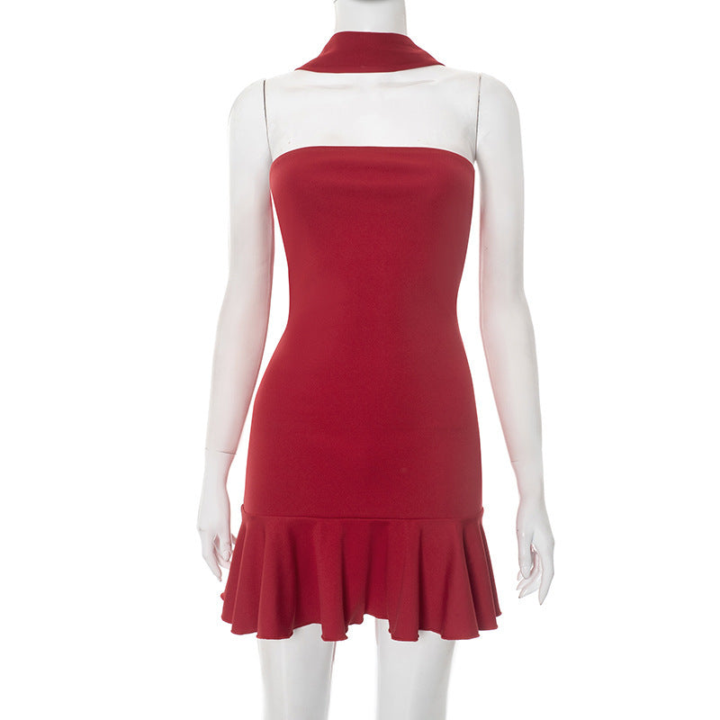 Sheer Scarf Choker Strapless Ruffle Hem Bodycon Mini Dress 2
