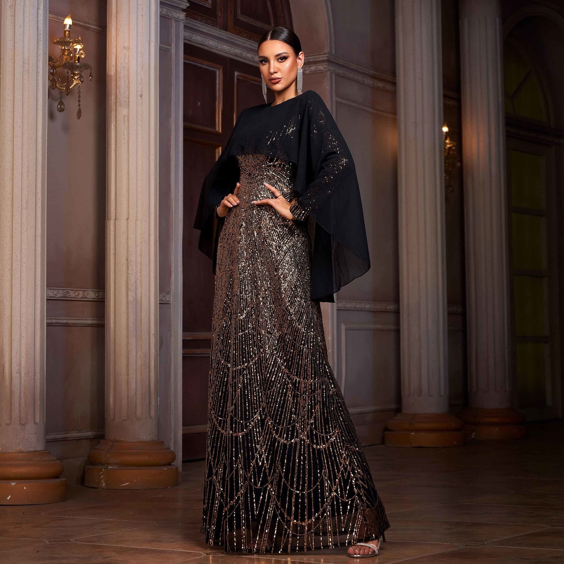 Sequin Round Neck Draped Cape Long Sleeve Sheath Evening Gown