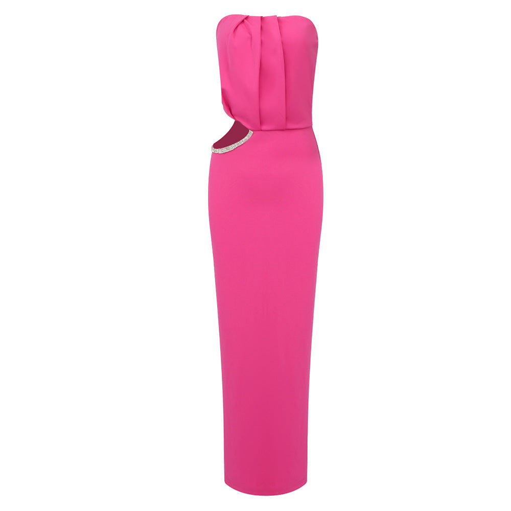 Strapless Ruched Rhinestone Trim Side Cut Out Bodycon Maxi Gown