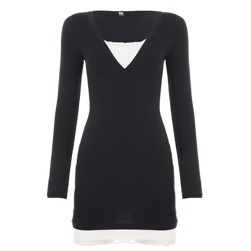 Lace Trim V-Neck Layered Look Long Sleeve Bodycon Mini Dress 4