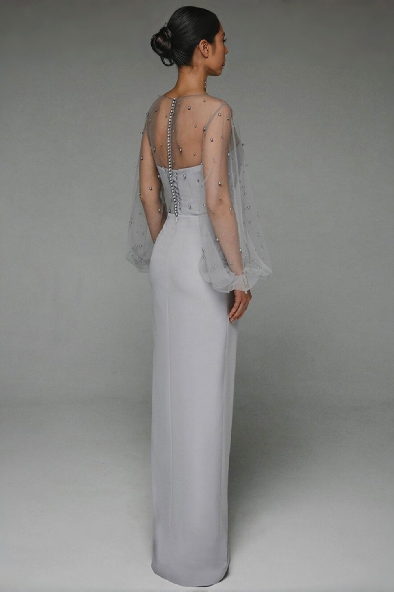 Mesh Pearl Embellished Bishop Sleeve Corset Bodice Wrap High Split Maxi Gown