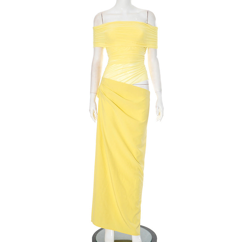 Off Shoulder Ruched Asymmetric Drape Hip Maxi Gown