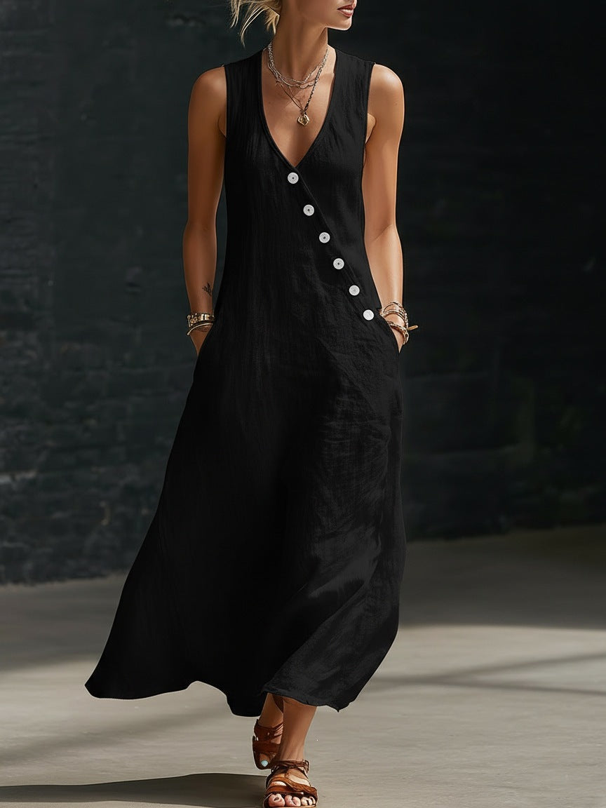 V-Neck Sleeveless Button Front Linen Maxi Dress 7