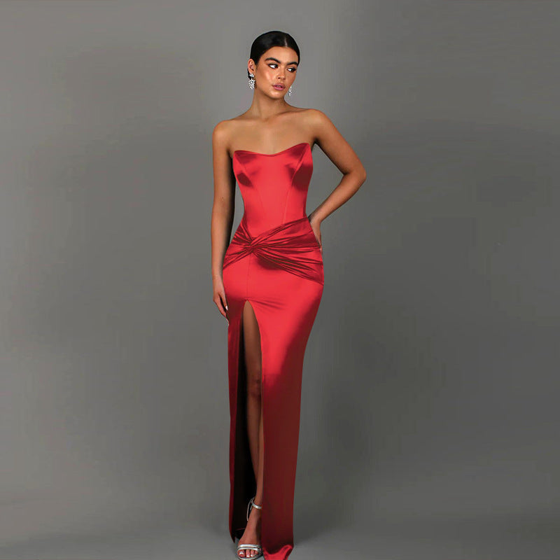 Satin Strapless Corset Bodice Twist Waist High Split Maxi Dress
