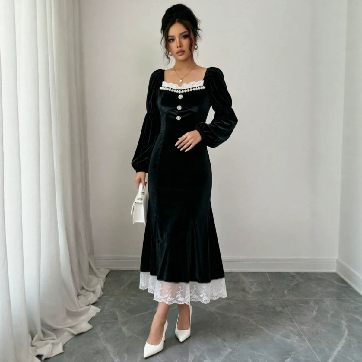Velvet Square Neck Lace Trim Puff Sleeve Button Front Midi Dress 3