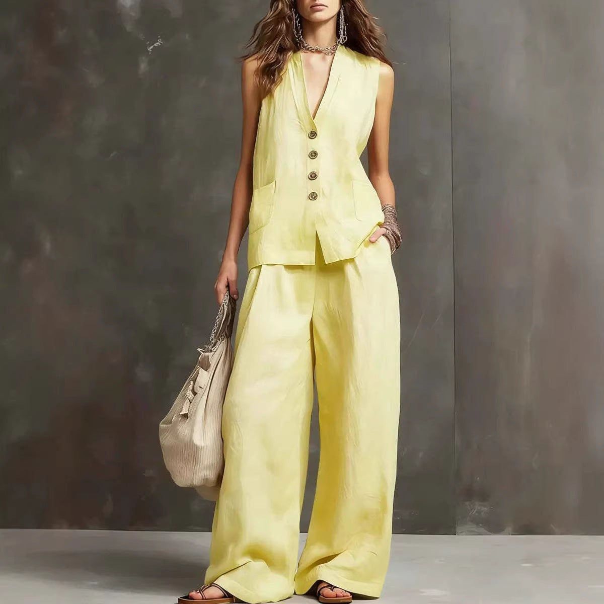V-Neck Sleeveless Button Vest and Wide Leg Pants Two Piece Set