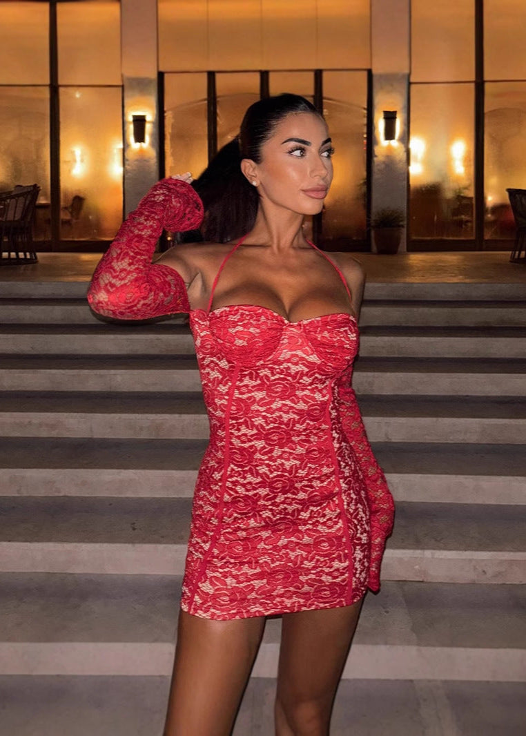 Lace Halter Neck Long Sleeve Bustier Bodycon Mini Dress