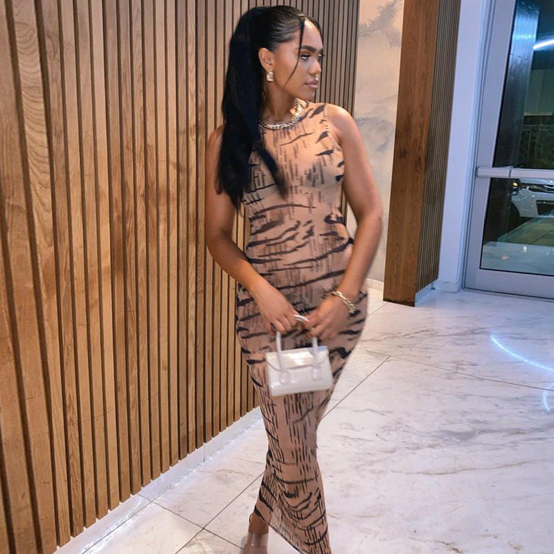 Tiger Stripe Print Sheer Mesh Sleeveless Crew Neck Bodycon Maxi Dress