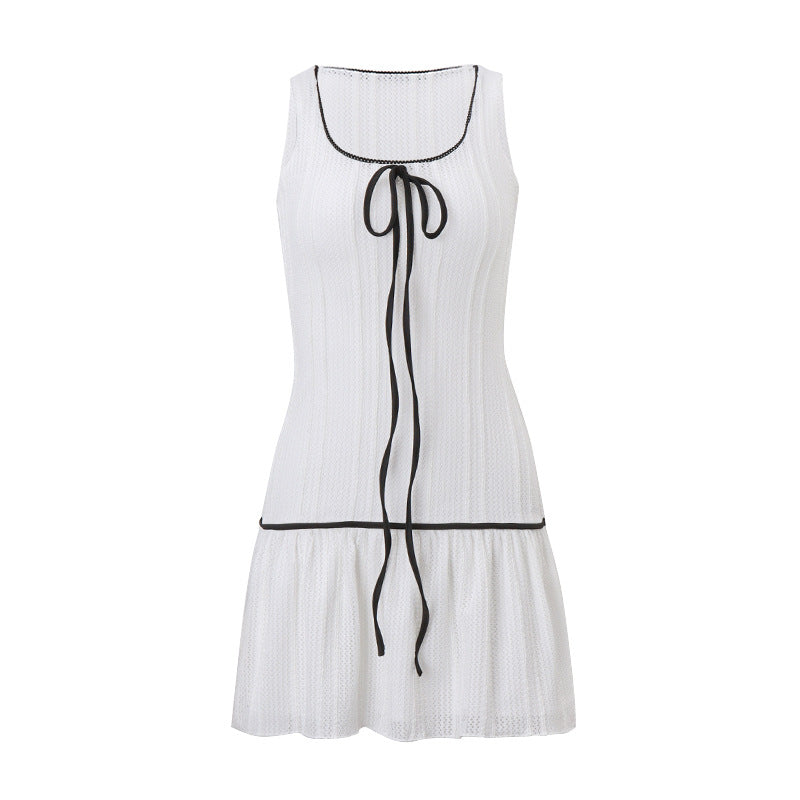 Pointelle Knit Ribbon Bow Drop Waist Pleated Mini Dress