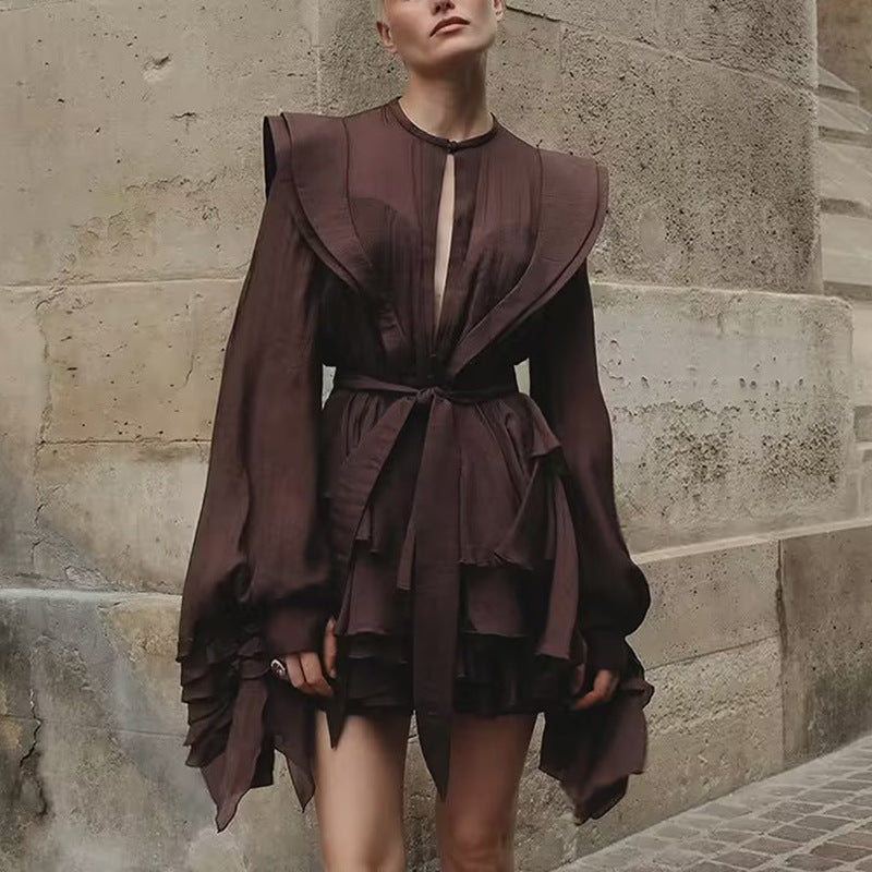 Chiffon Long Sleeve Tiered Ruffle Belted Mini Dress 7