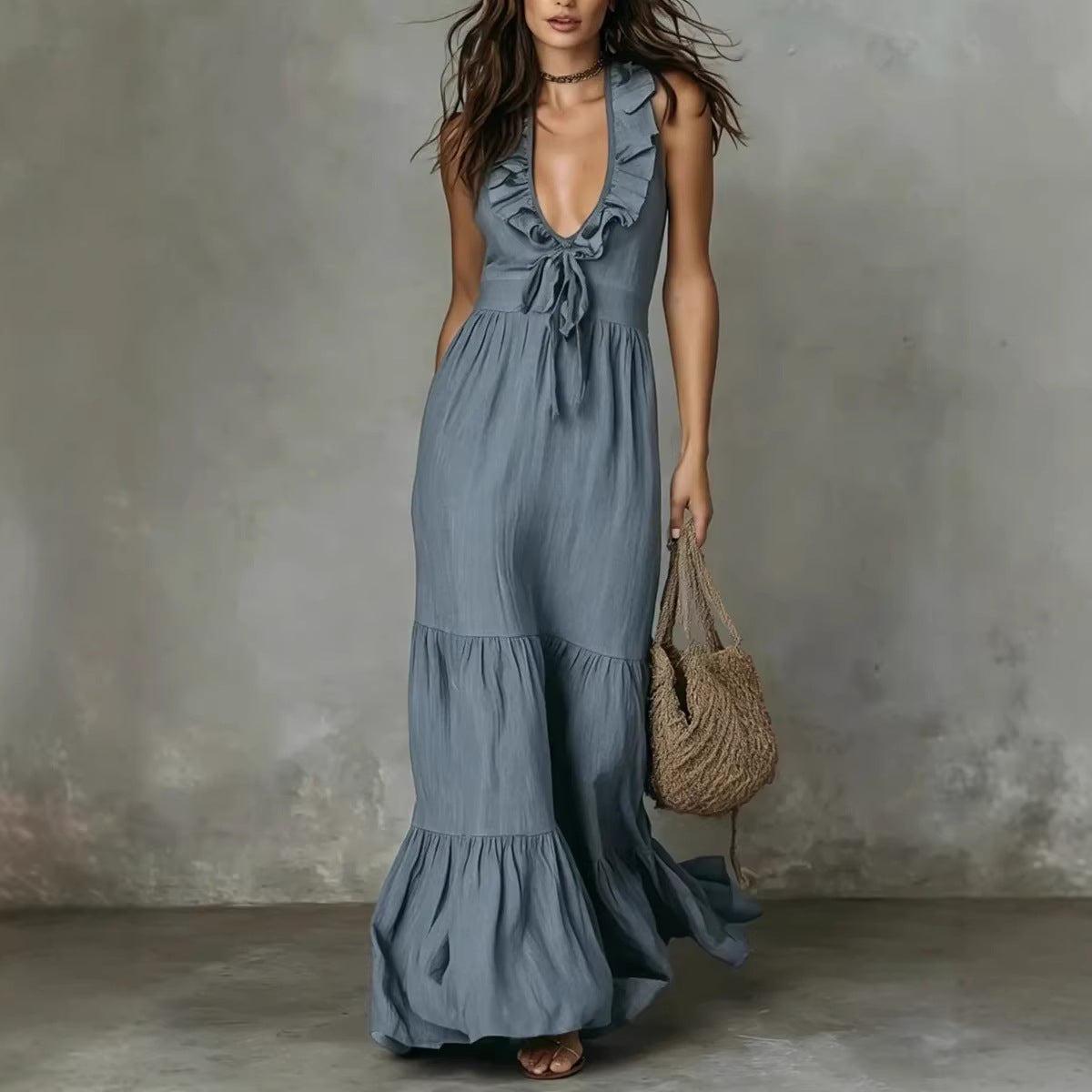 Deep V-Neck Sleeveless Ruffle Tiered Maxi Dress 2