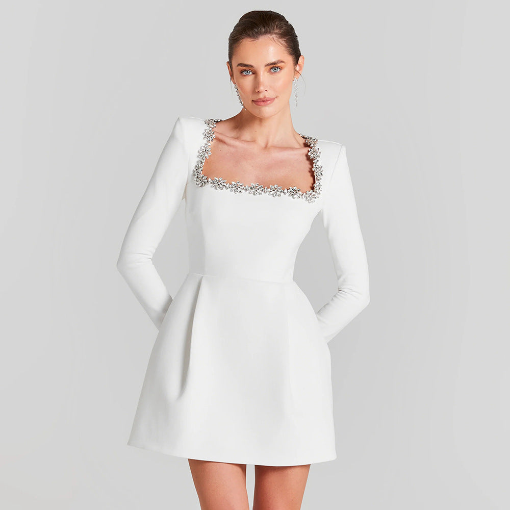 Rhinestone Square Neck Long Sleeve Structured Shoulder A-Line Mini Dress