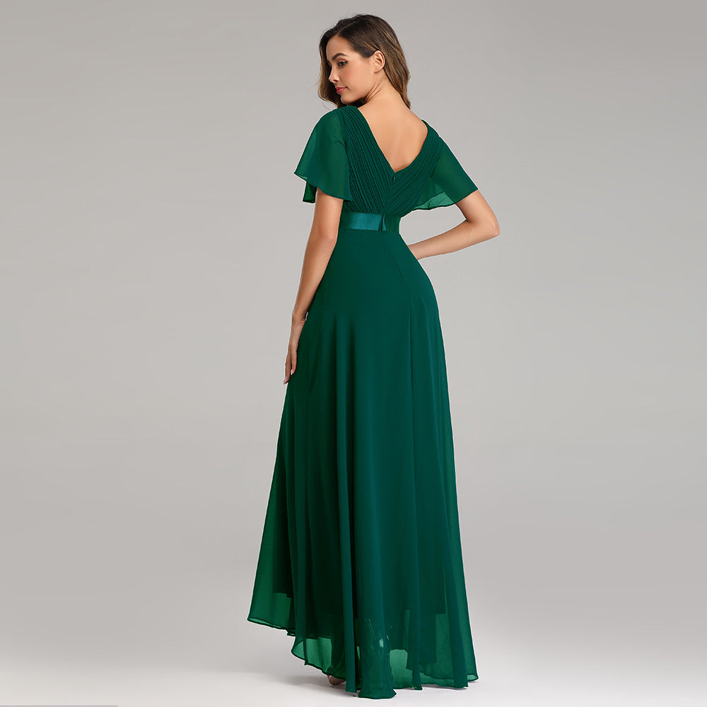 Chiffon V-Neck Flutter Sleeve Pleated A-Line Maxi Dress