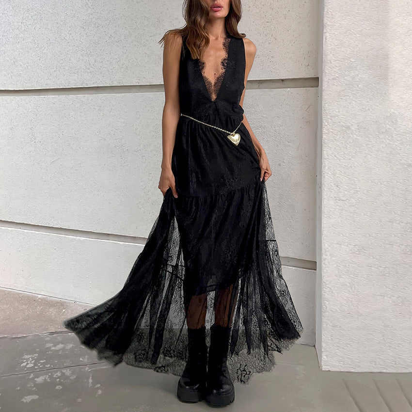 Sexy Black Brocade Lace Dress All Matching Sexy V-neck Loose Backless Women Dress 4