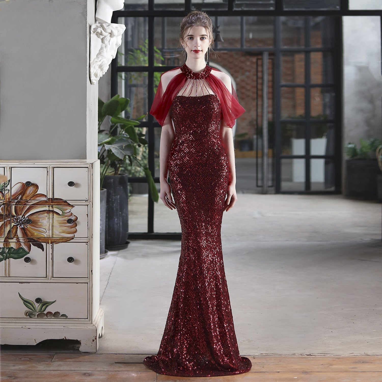 Sequin Halter Neck Sheer Cape Mermaid Gown