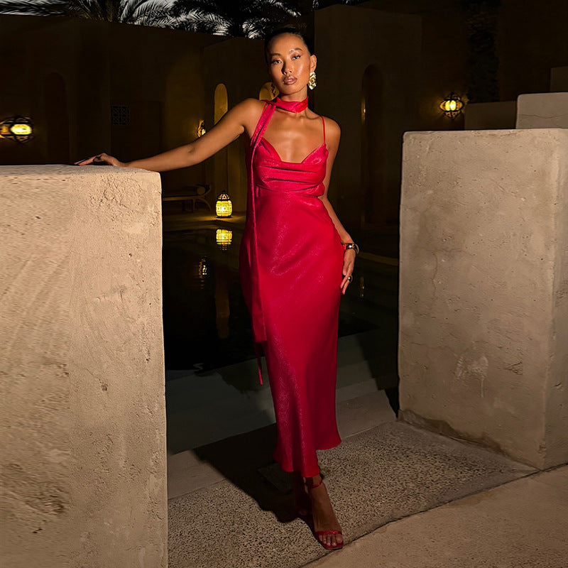 Satin Cowl Neck Spaghetti Strap Scarf Tie Neck Midi Slip Dress