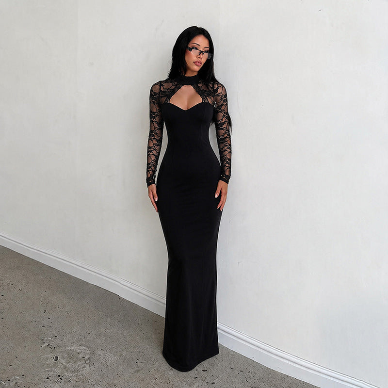 Sexy Half Turtleneck Lace Long Sleeve Dress Hollow Out Cutout out Stitching Slim Fit Sheath Maxi Dress