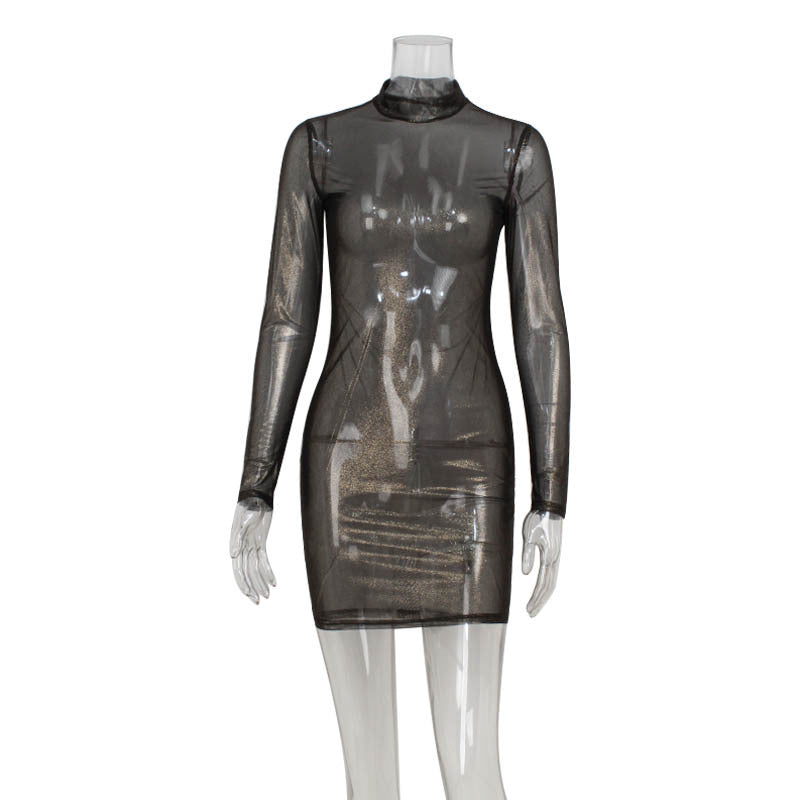 Glitter Sheer Mesh Mock Neck Long Sleeve Bodycon Mini Dress 4