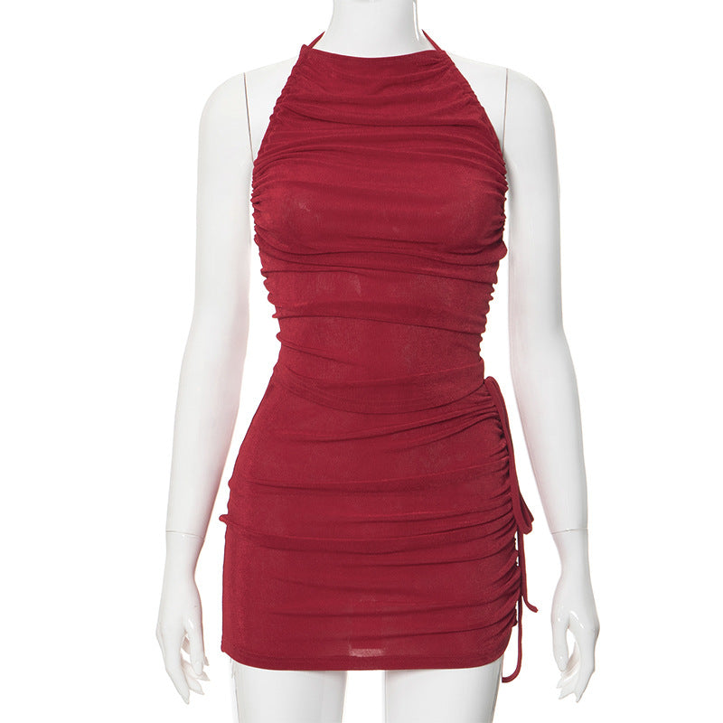 High Neck Sleeveless Ruched Bodycon Mini Dress