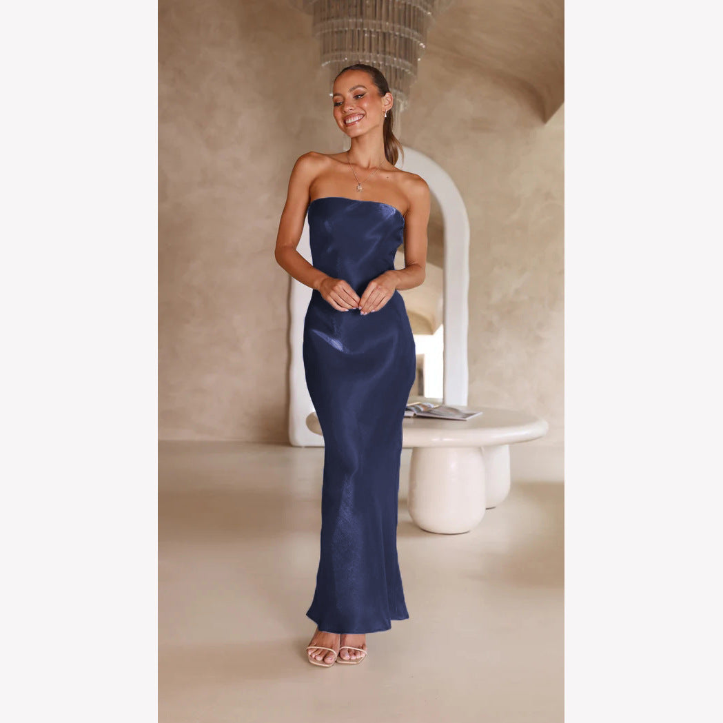 Strapless Bandeau Satin Column Bodycon Maxi Dress