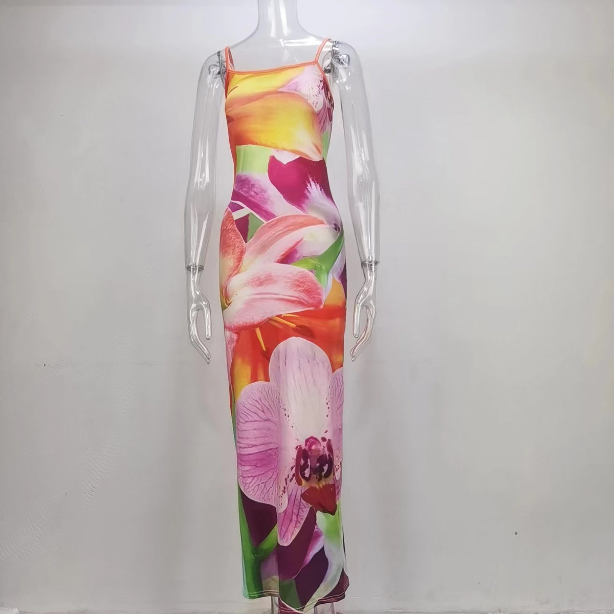 Floral Print Scoop Neck Spaghetti Strap Bodycon Mermaid Maxi Dress 6