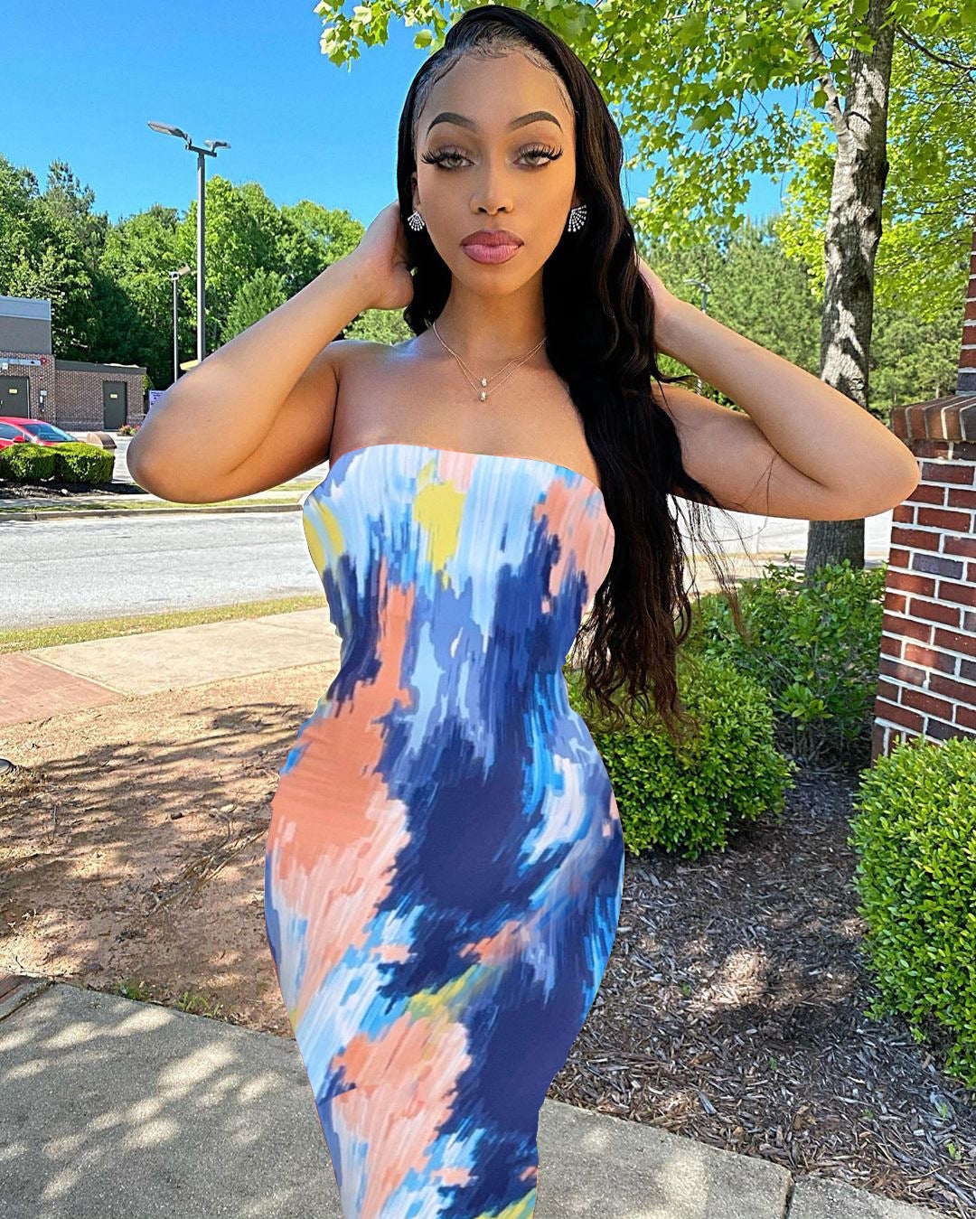 Vertical Stripe Print Strapless Tube Bodycon Maxi Dress 7