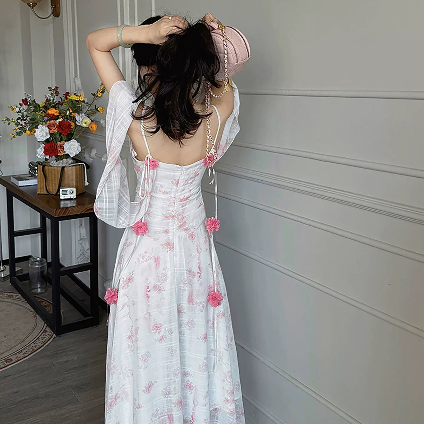 Floral Spaghetti Strap Backless Appliqué Maxi Dress 7