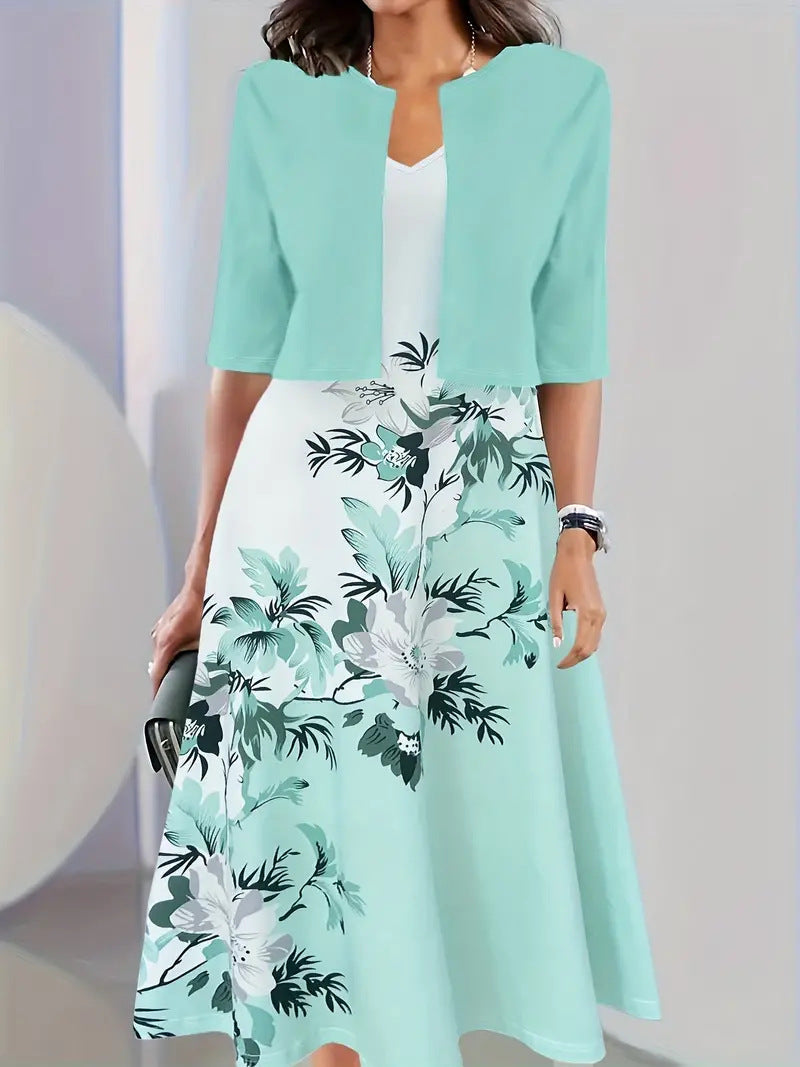 Floral Sleeveless Midi Dress with Bolero Two Piece Set 12