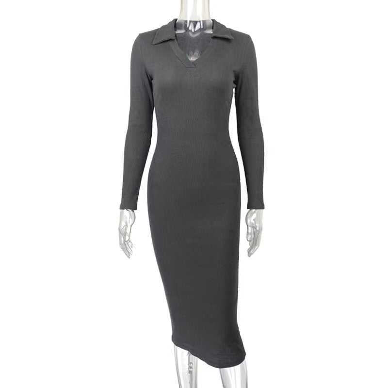 Ribbed Knit Collared V-Neck Long Sleeve Bodycon Midi Sweater Dress 3