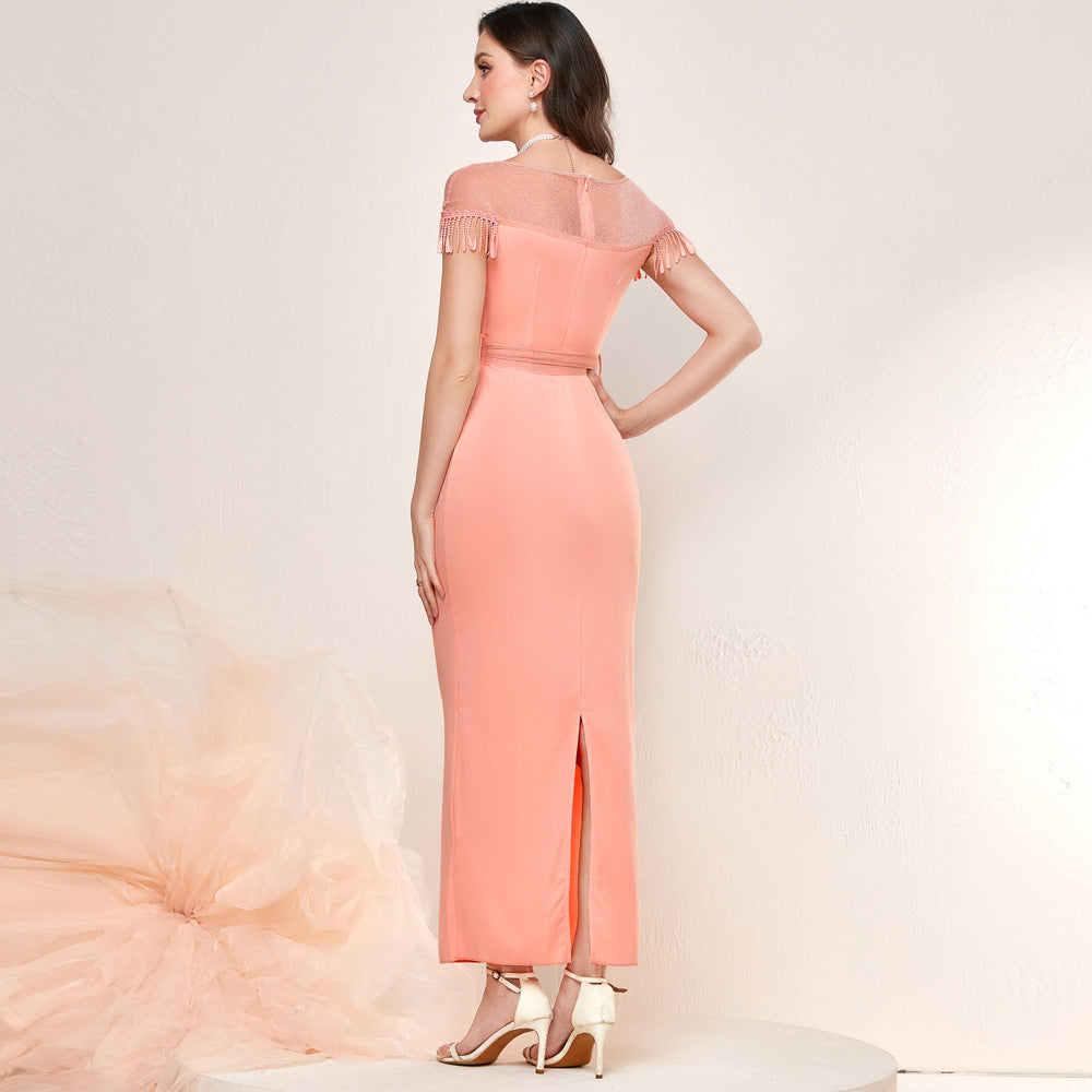 Mesh Yoke Fringe Trim Sash Tie Waist Column Maxi Gown