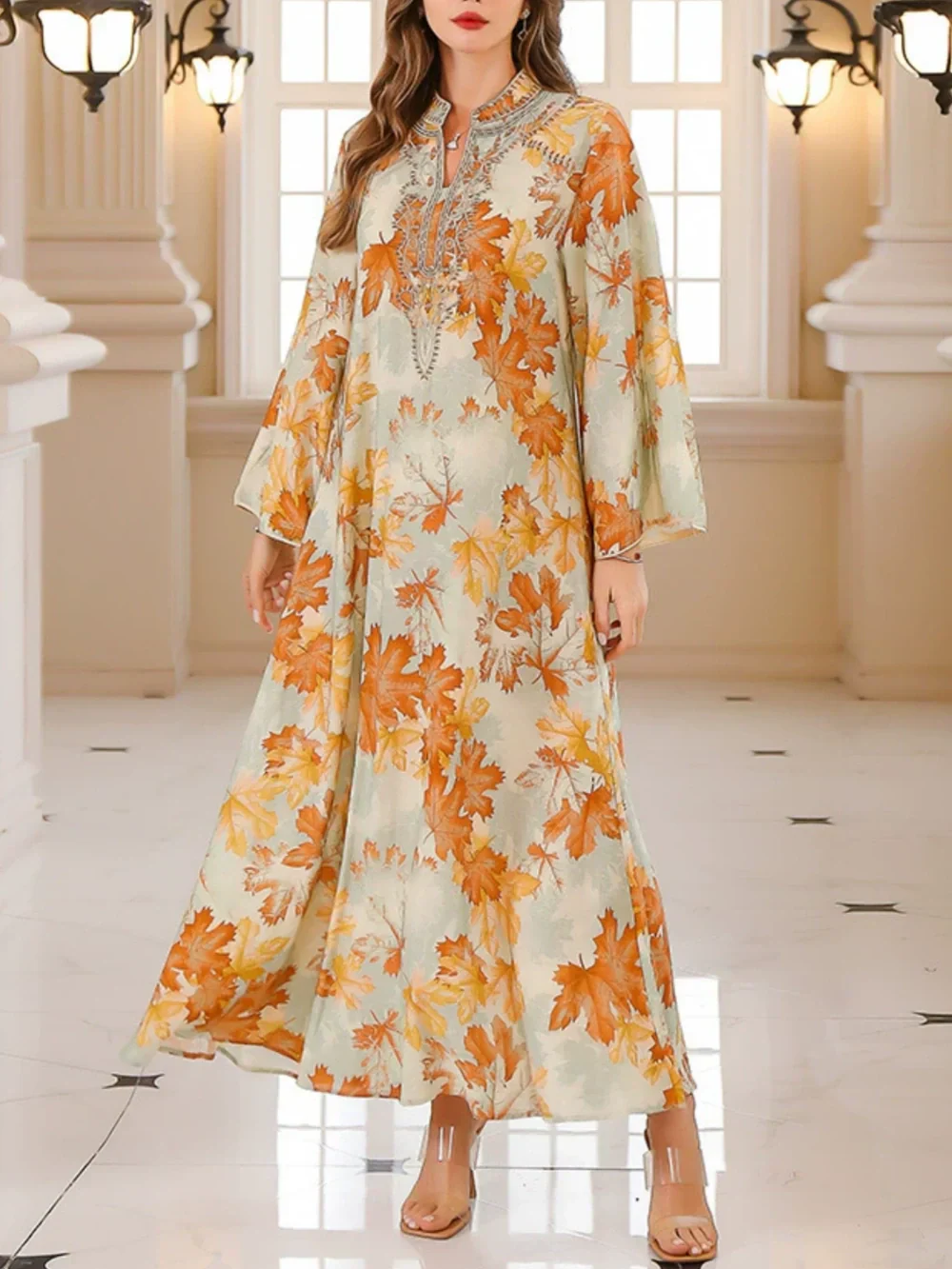 Maple Leaf Print Maxi Dress Robe Orange