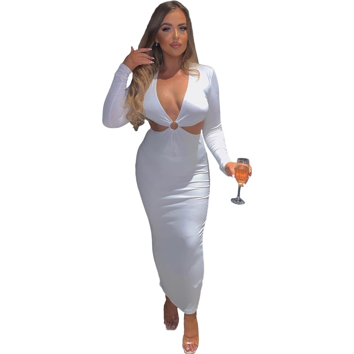 Deep V-Neck O Ring Cut Out Long Sleeve Bodycon Maxi Dress 2