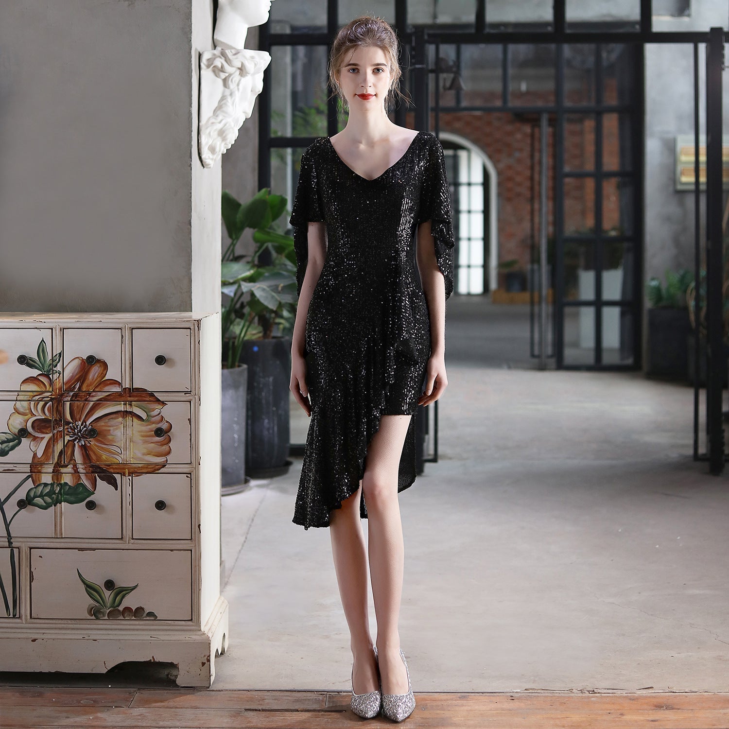 Sequin V-Neck Flutter Sleeve High Low Asymmetric Cocktail Dress