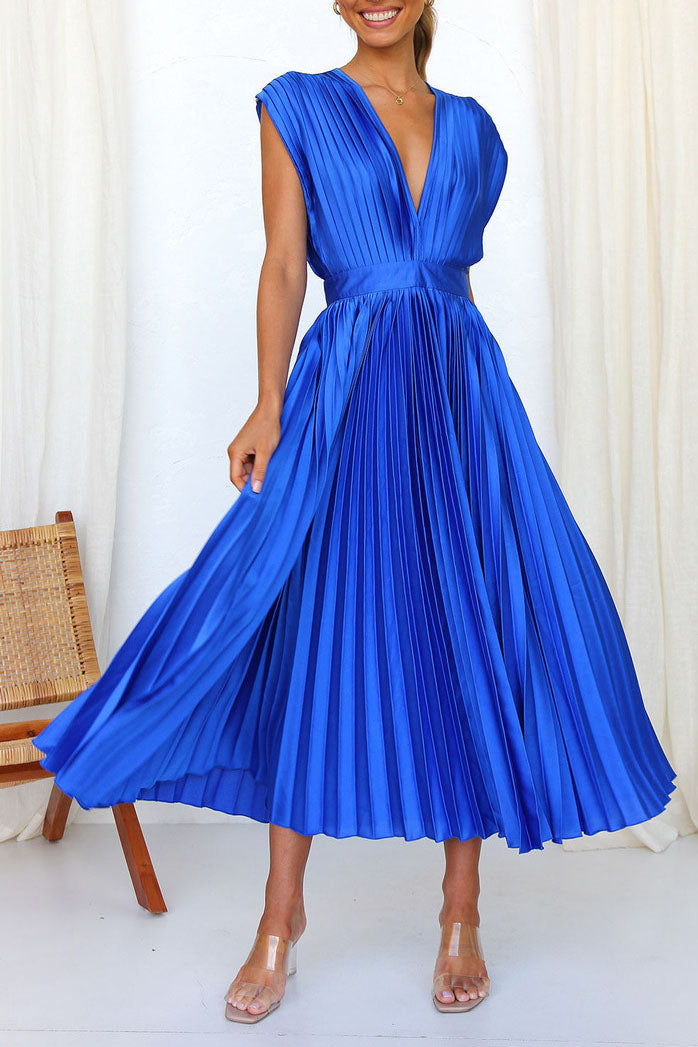 Ruched Sleeveless Low V-Neck Dress