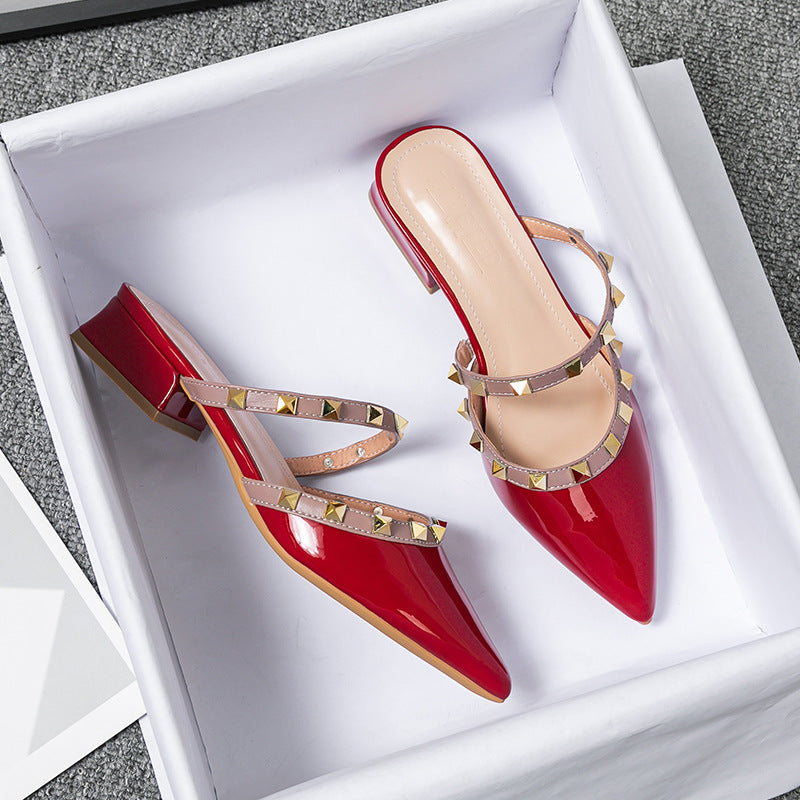 Pointed Toe Studded Strap Block Heel Mules