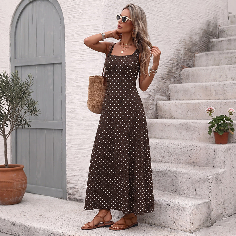 French Vintage Strap Polka Dot Square Collar Sleeveless Dress