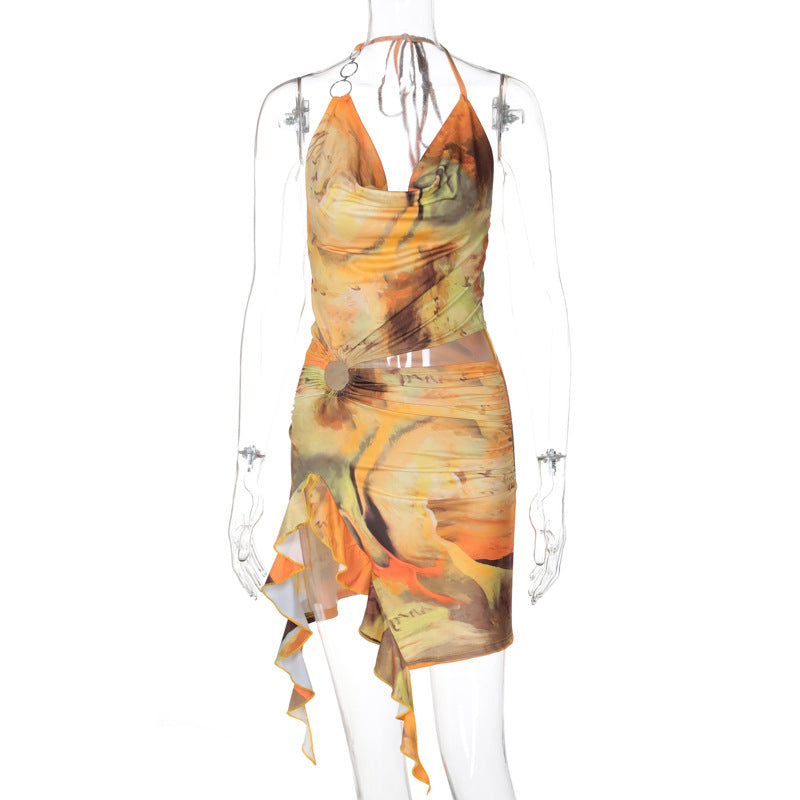 Abstract Print Mesh O-Ring Cut Out Asymmetric Ruched Mini Dress 7