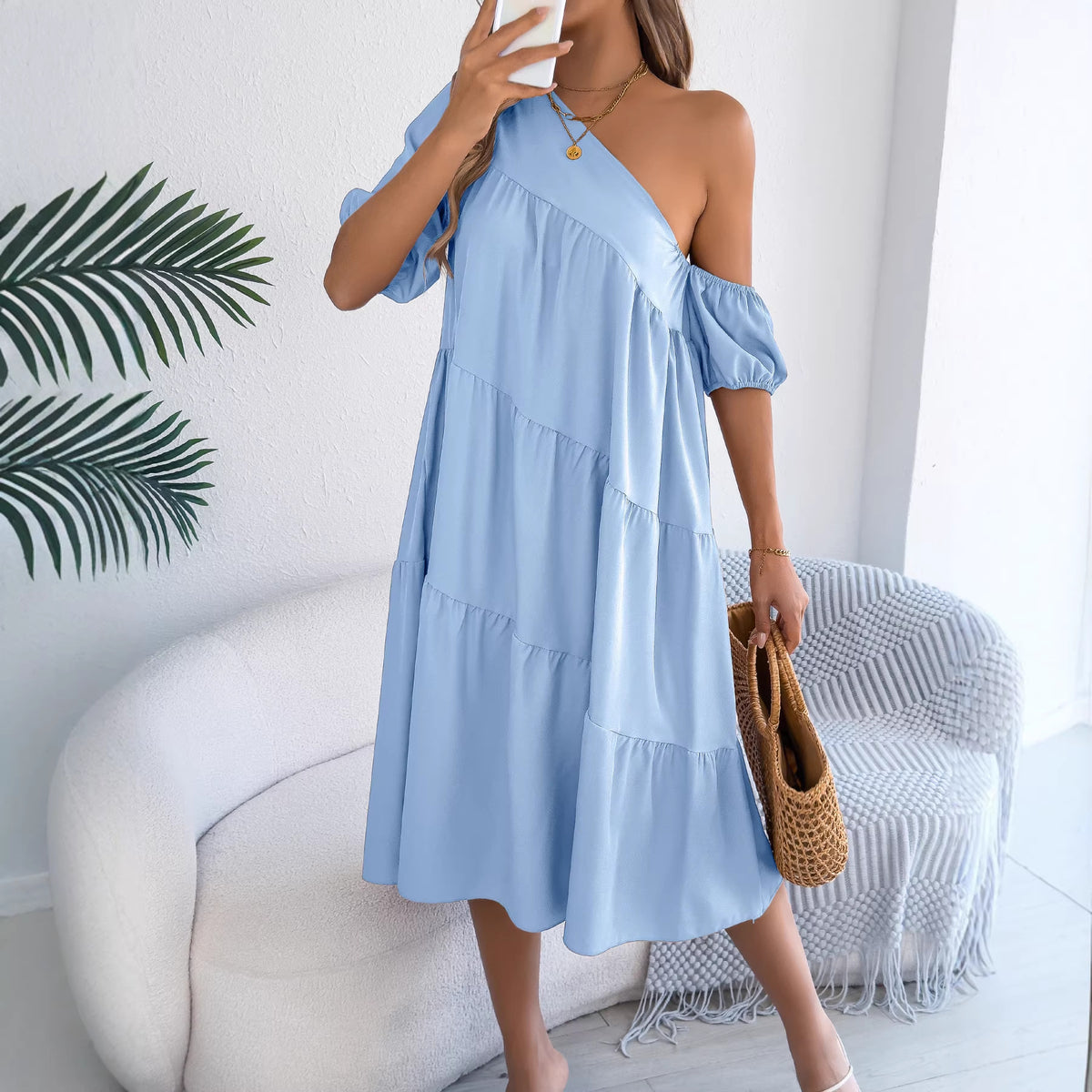 Spring Summer off the Shoulder Short Sleeve Casual Loose Lotus Leaf Large Swing Dress Women Clothing