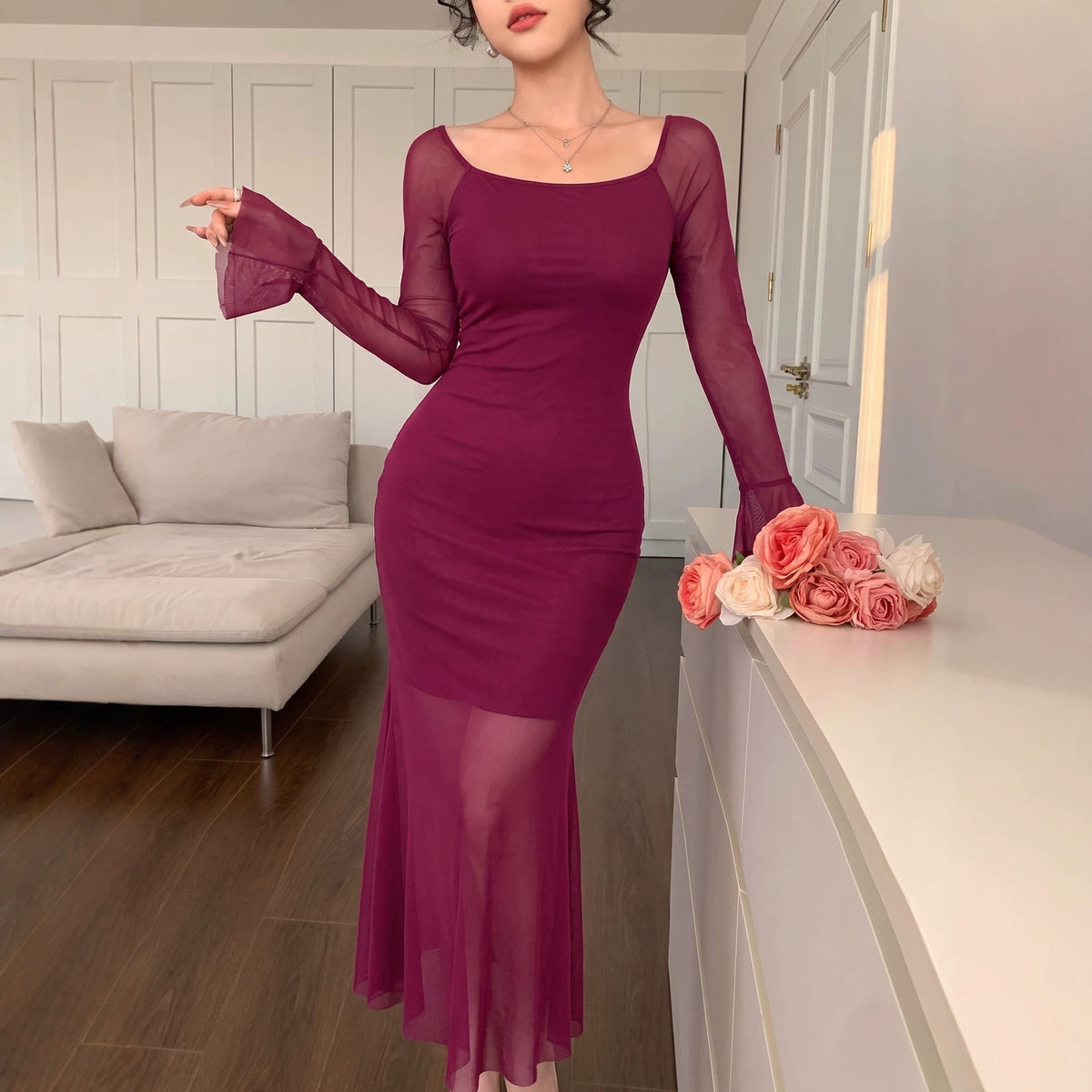 Fall Women Clothing Sexy Slim Mesh Stitching Fishtail Flare Sleeve Maxi Dress