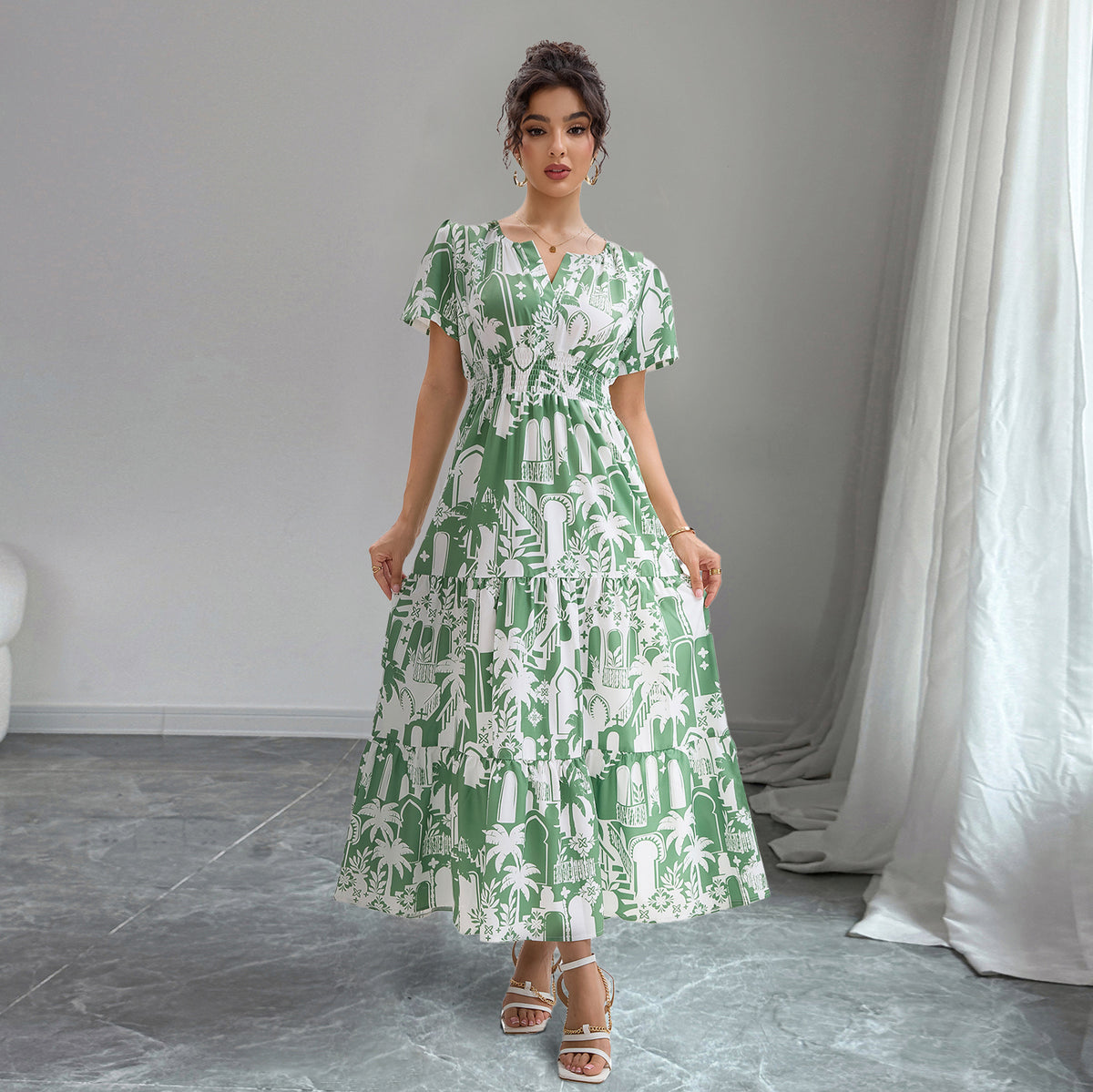 Arch Print Notch Neck Short Sleeve Smocked Waist Tiered Maxi Dress 2
