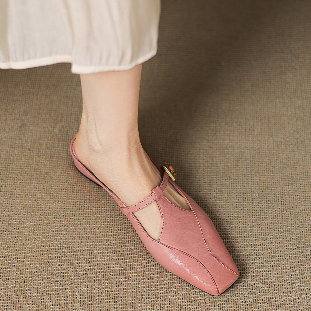 Square Toe Buckle Strap Low Block Heel Mules