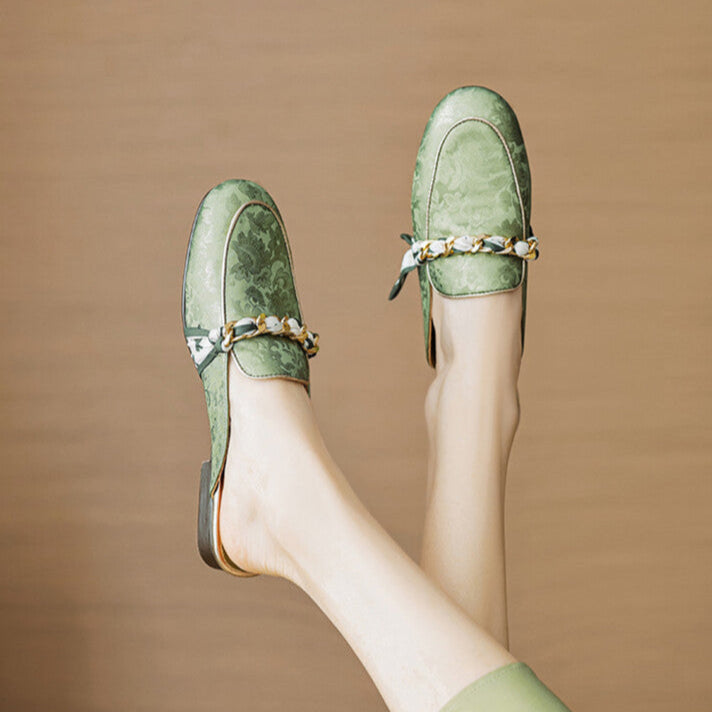 Floral Jacquard Chain Detail Pointed Toe Flat Mules