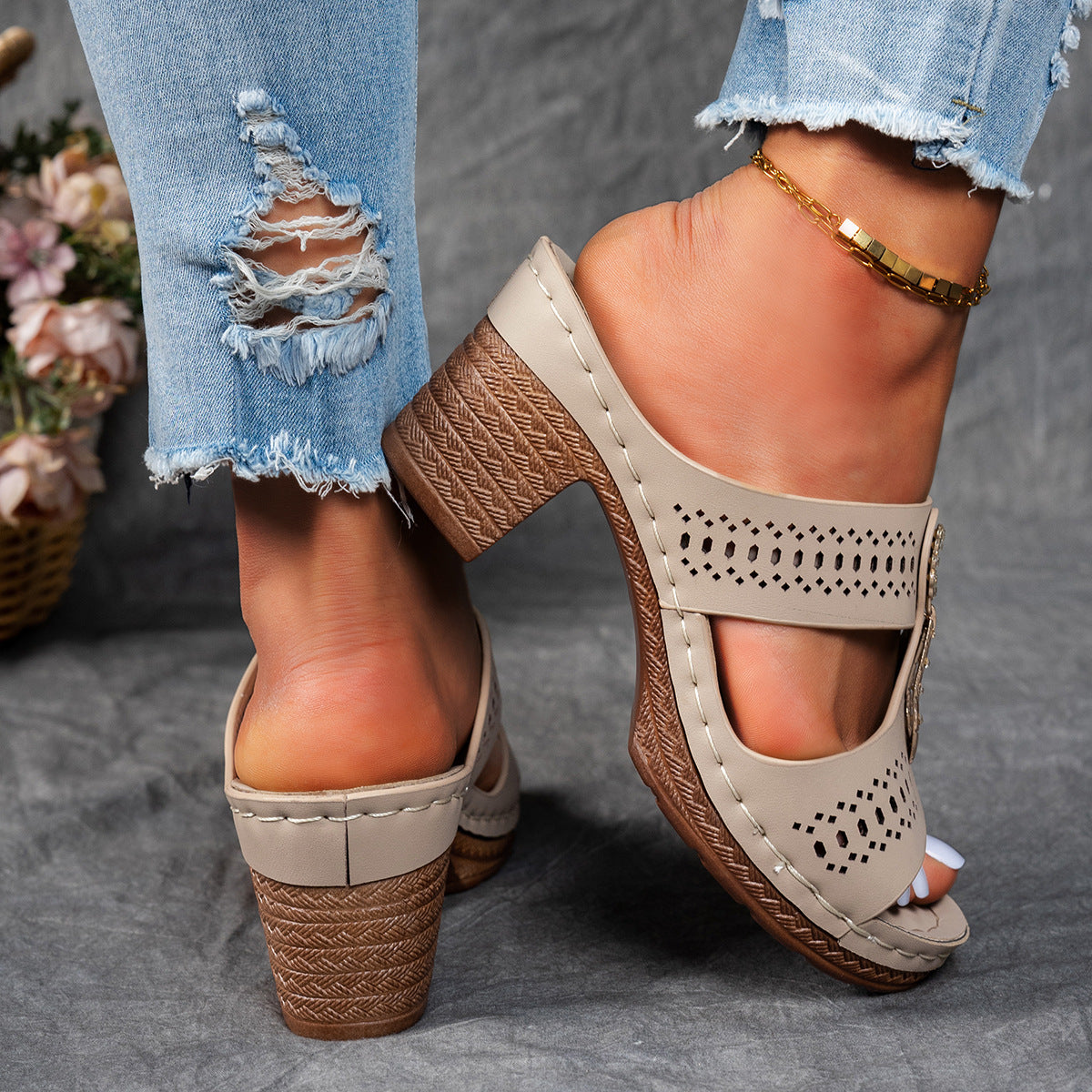 Open Toe Cut Out Embellished Block Heel Platform Slides