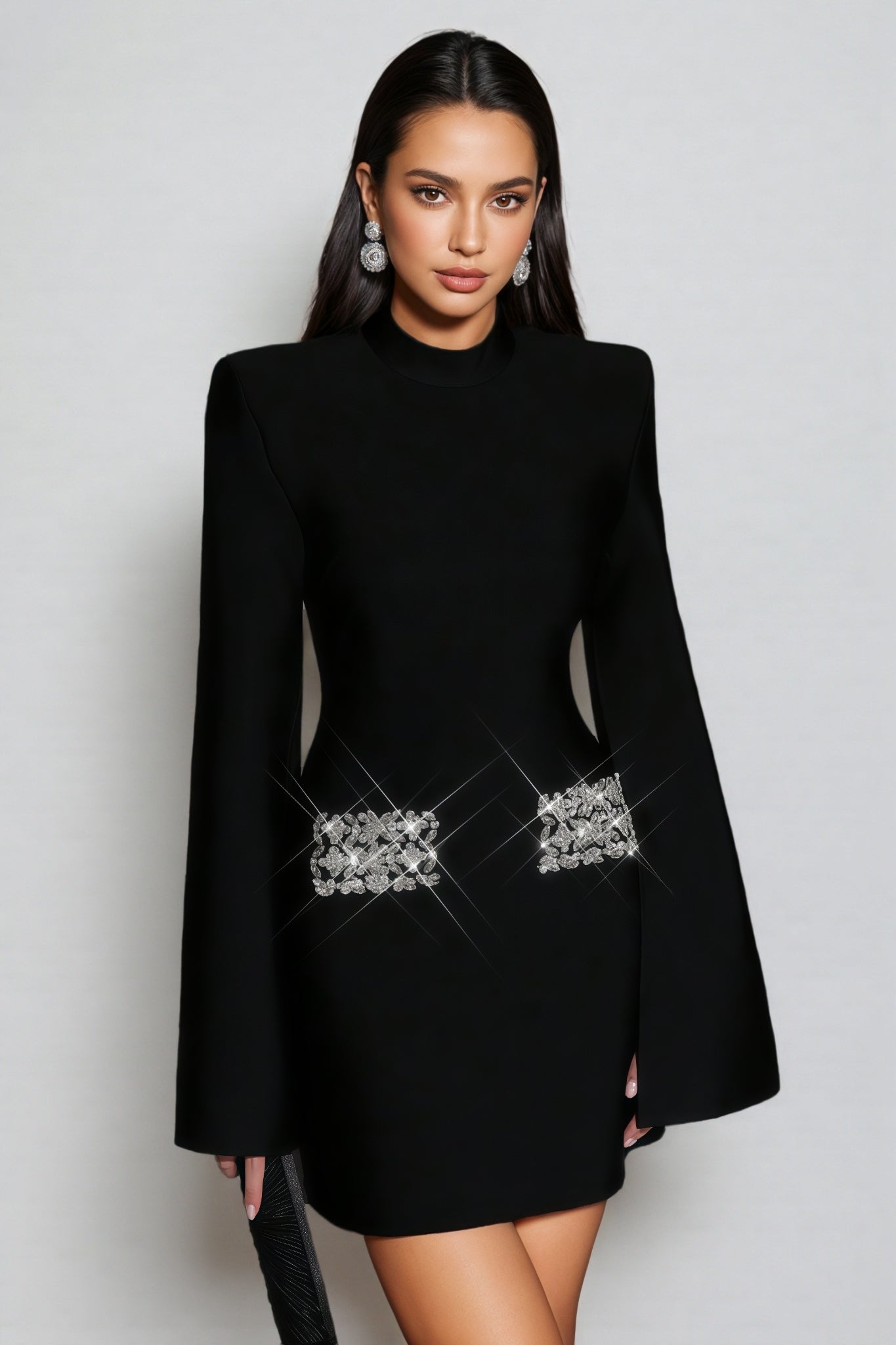Rhinestone Waist Bandage Mock Neck Structured Shoulder Bell Sleeve Bodycon Mini Dress