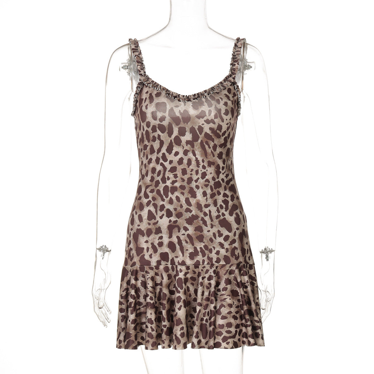 Leopard Print Ruffle Trim Square Neck Flounce Hem Mini Dress 2